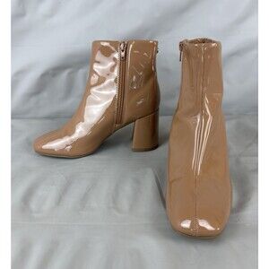 Madden NYC Patent Ankle Boots Size 8 Tan Glossy Block Heel Retro Minimalist